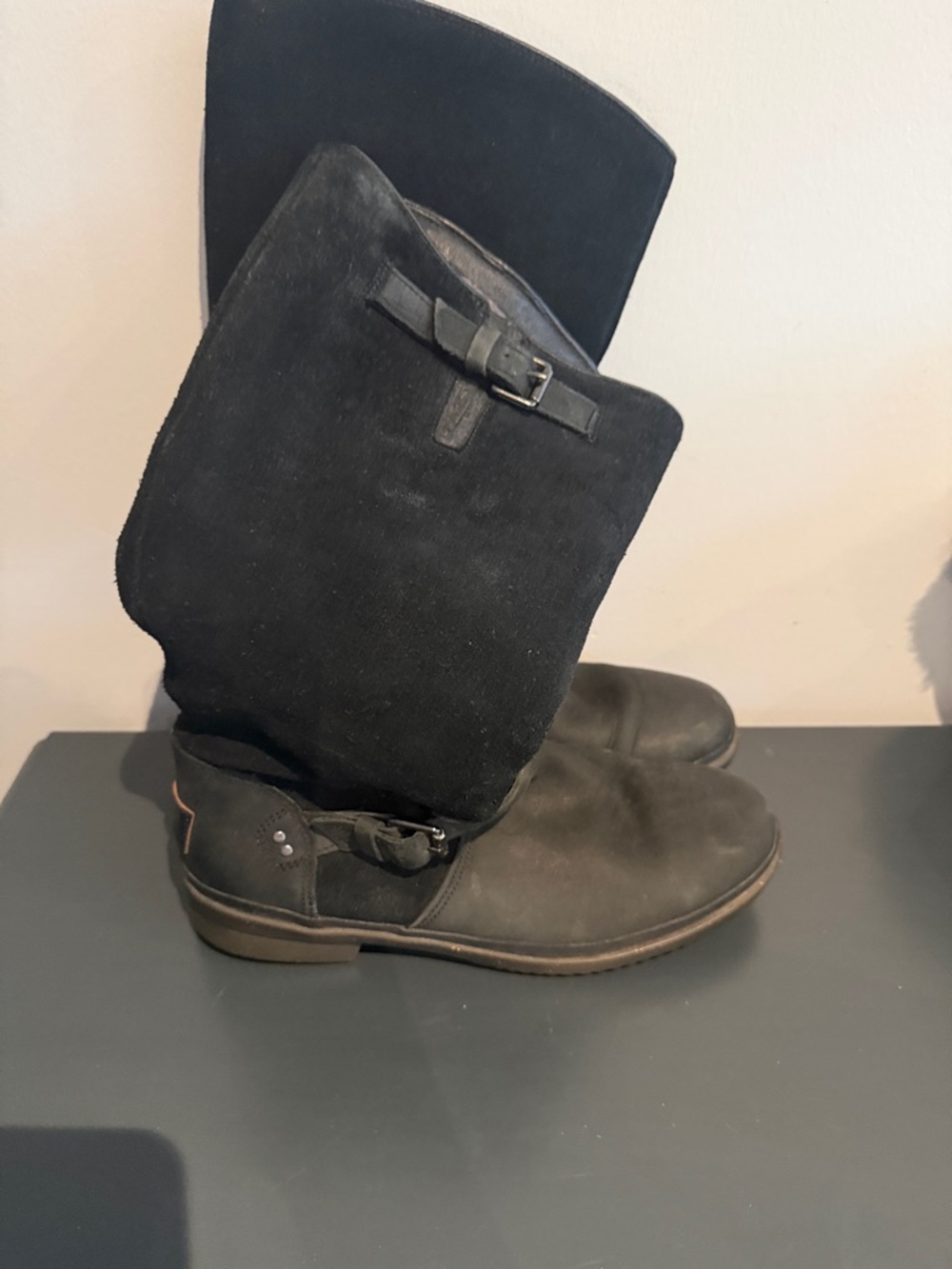 UGG Women’s Black Suede Mid-Calf Pull-On Boots with Buckle